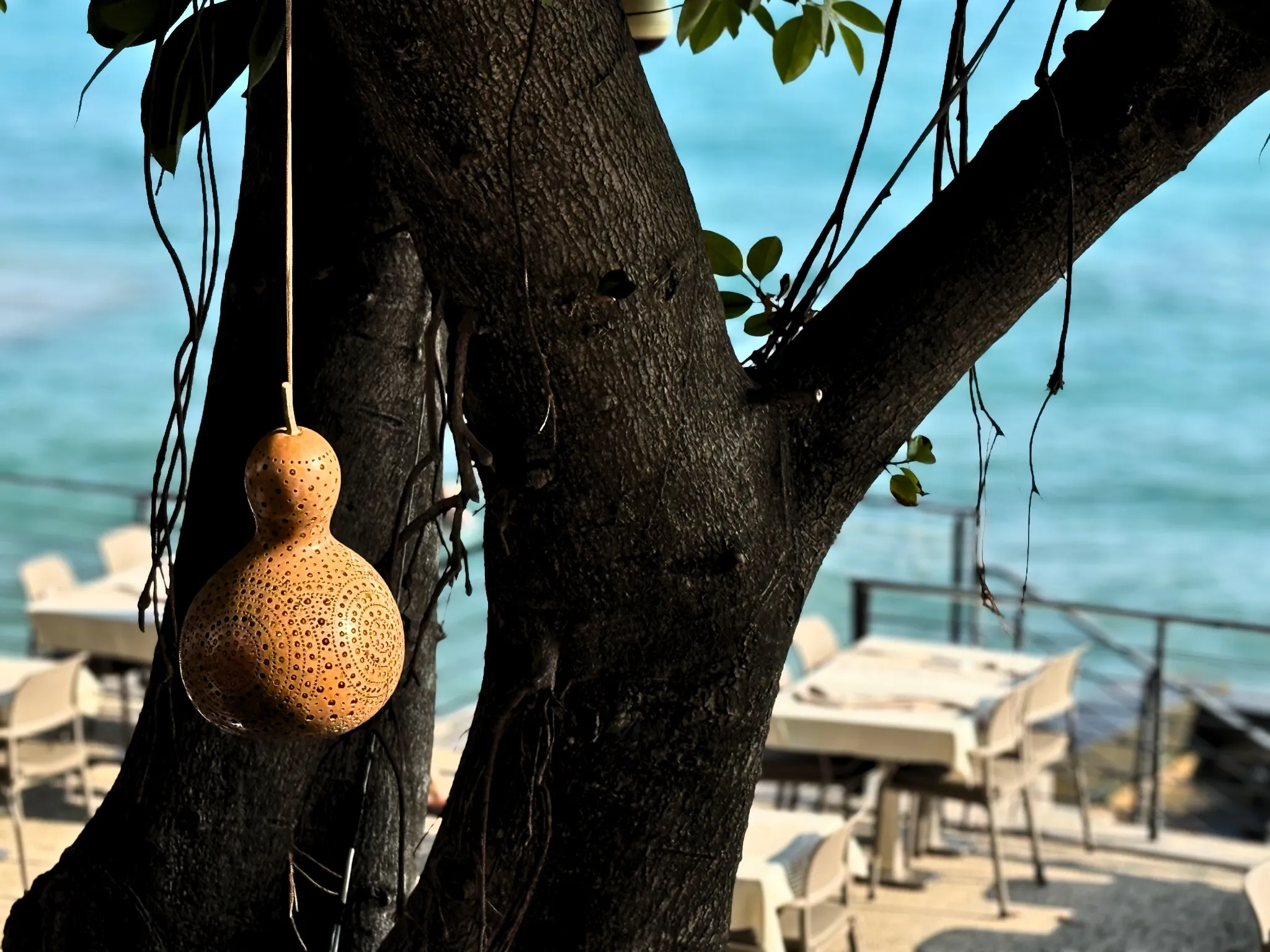 Travel photograph — hanging lantern by the sea