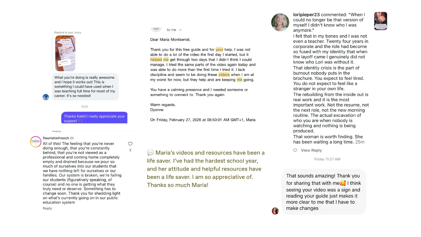 Screenshots of messages and comments from teachers responding to Maria's content
